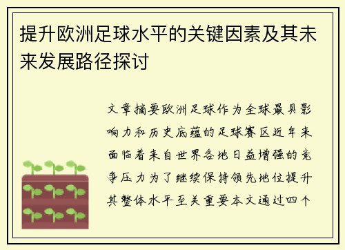 提升欧洲足球水平的关键因素及其未来发展路径探讨