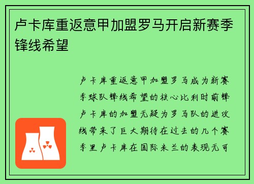 卢卡库重返意甲加盟罗马开启新赛季锋线希望