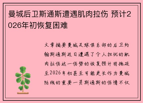 曼城后卫斯通斯遭遇肌肉拉伤 预计2026年初恢复困难 曼城后卫斯通斯遭遇肌肉拉伤 预计2026年初恢复困难